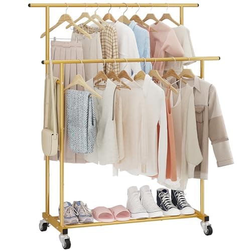 Calmootey Double Rod Clothing Garment Rack,Rolling Hanging Clothes Rack,Portable Clothes Organizer for Bedroom,Living Room,Clothing Store,Gold - Image 1