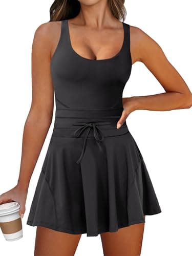 Caracilia Women's Tennis Mini Dresses Workout Built in Shorts Golf Athletic Sleeveless One Piece Summer Active Romper Dress Black Large - Image 1