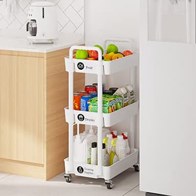 Laiensia 3-Tier Rolling Cart with Wheels,Multifunction Utility Storage carts, Kitchen Storage Organizer,Mobile Shelving Unit for Bathroom,Laundry,with Classified Stickers,White - Image 4