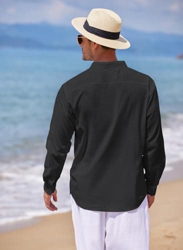 COOFANDY Men's Cotton Linen Henley T-Shirts Long Sleeve Hippie Casual Beach T-Shirts Black - Image 3
