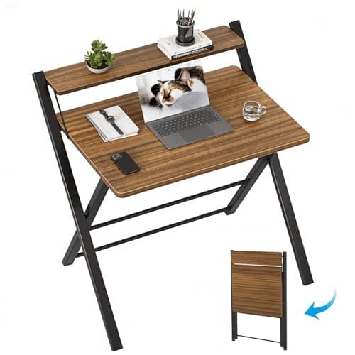GreenForest No Assembly Folding Desk, 2-Tier Compact Computer Desk with Shelf, Space Saving Foldable Table for Home Office, Dorm or Apartment, Portable Collapsible Sturdy Laptop Desk, Espresso - Image 1