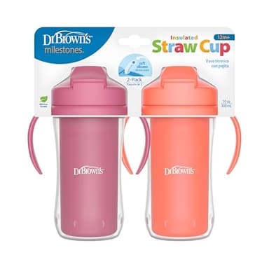 Dr. Brown's Milestones Insulated Sippy Cup with Straw and Handles, Spill-Proof Tumbler with Lid, 2-Pack, Pink, 10 oz/300 mL, BPA Free, 12m+ - Image 1