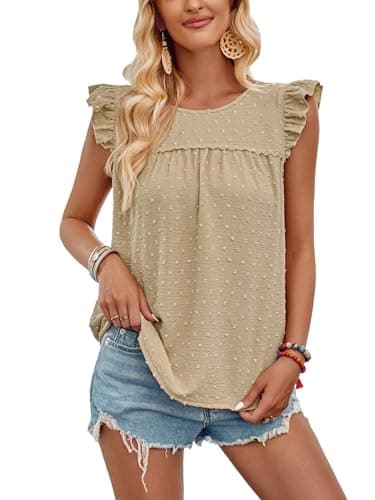 Zeflows Womens Solid Color Ruffle Design Tops for Ladies Round Neck Swiss Dot Pattern Lace Chest Tunic, Khaki-XL, X-Large - Image 1