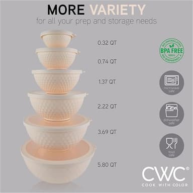 COOK WITH COLOR Mixing Bowls with Lids - 12 Piece Plastic Nesting Bowls Set includes 6 Prep Bowls and 6 Lids, Non Slip Bottom and Embossed Design - Microwave Safe (Cream) - Image 7