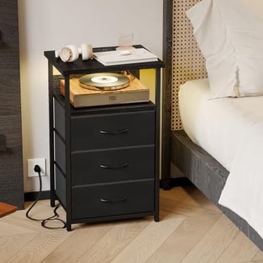 Fixwal Night Stand with Charging Station, LED Nightstand with U-S-B Ports and Outlets, 3 Fabric Storage Drawers with PU Finish, Bedside Table, Black - Image 2