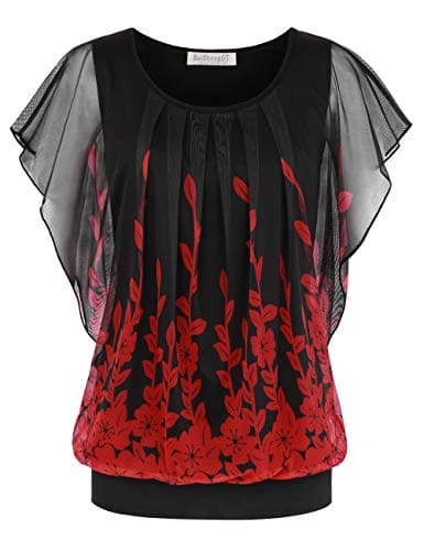 BAISHENGGT Women's Printed Flouncing Flared Short Sleeve Mesh Blouse Top X-Large Red Floral - Image 1