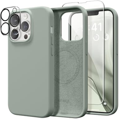 GONEZ Magnetic for iPhone 13 Pro Max Case, Compatible with MagSafe, [Screen Protector + Camera Lens Protector], Silicone Shockproof Anti-Scratch Protective Phone Case 6.7 inch, Calke Green - Image 1