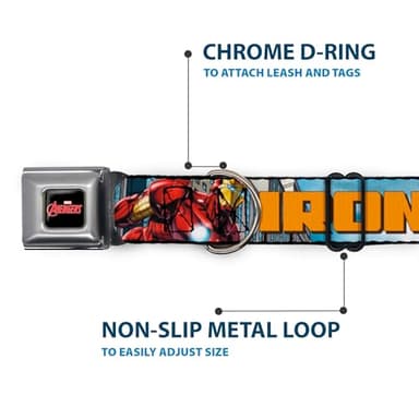 Buckle-Down Seatbelt Buckle Dog Collar - IRON MAN w/Avengers Logo Cityscape - 1" Wide - Fits 15-26" Neck - Large - Image 5