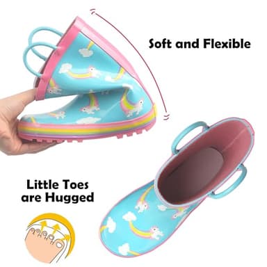landchief Toddler Rain Boots, Kids Rain Boots Waterproof Rubber Boots for Girls and Boys with Fun Patterns and Easy-On Handles, Size 3, Rainbow Unicorn - Image 3