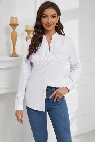 HOCAIES Women's Mandarin Collar Striped Button Down Shirts Business Casual Tops Collar Work Dress Shirt Slim Fit Blouse (Large, HS_Purple) - Image 6
