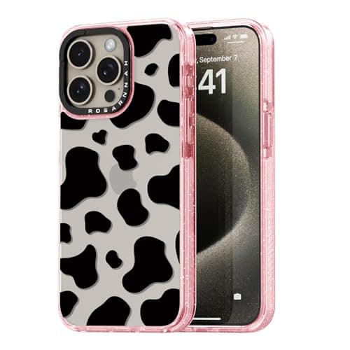 Rosarnnah Compatible for iPhone 15 Pro Max Case Cute - Durable Shockproof 6.6 ft Drop Impact Phone Case - Funny Milk Cow Print Design for iPhone 15 Pro Max 6.7" Glitter Pink - Image 1
