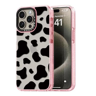 Rosarnnah Compatible for iPhone 15 Pro Max Case Cute - Durable Shockproof 6.6 ft Drop Impact Phone Case - Funny Milk Cow Print Design for iPhone 15 Pro Max 6.7" Glitter Pink - Image 1