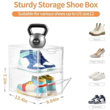 12 Pack Thicken & Sturdy Clear Shoe Storage Organizer with Magnetic Door, Shoe Boxes Clear Plastic Stackable for Closet, Shoe Rack for Sneaker Boot Container, Shoe Cabinet Fit up to US Size 12 - Image 3