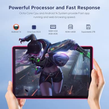 Android Tablets, 11 inch Octa-Core Processor Tablet with 2 Years Protection, 128GB Storage,12GB RAM, 6ft Charging Cable, 8000mAh Battery, Reinforced Type-C Port, Quad-Speaker (Pink) - Image 6