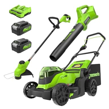 Greenworks 48V (2x24V) 17" Brushless Mower+12" String Trimmer +320CFM Blower,(2) 4.0Ah Batteries and 2A Dual Port Charger - Image 1