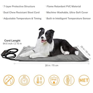 Toozey Pet Heating Pad, 6 Adjustable Temperature Dog Cat Heating Pad with Timer, Waterproof Heated Dog Bed with Chew Resistant Cord, Indoor Electric Pet Heated Mat 28x20in - Image 2