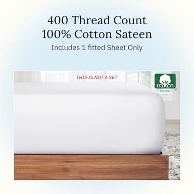 California Design Den Queen Fitted Sheet Only - 100% Cotton 400 Thread Count Sateen, Deep Pocket Fitted Sheet Queen, No-Pop Off Elastic - White - Image 3