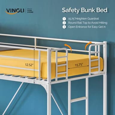 VINGLI Loft Bed Twin for Kids Loft Bunk Bed Frame with Stairs/Flat Ladder Rung,Metal Single Loft for Adults, No Box Spring Required, White - Image 6