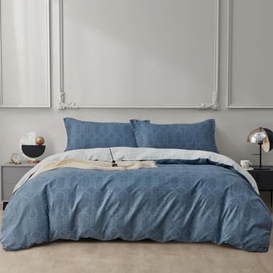 SAPHREAS Duvet Cover Queen Size Dark Blue Geometric Pattern Duvet Cover Set 3pcs Cotton Soft Bedding Comforter Cover 1 Duvet Cover 90"x90" and 2 Pillow Shams 20"x26" - Image 1