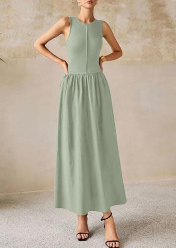 PRETTYGARDEN Maxi Dresses for Women 2025 Summer Casual Sleeveless Patchwork Flowy Vacation Sundress Knit Long Work Tank Dress(Light Green,Large) - Image 5