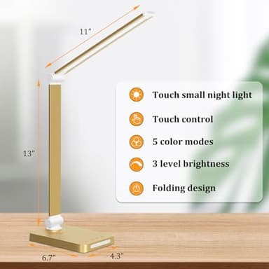 LED Desk Lamp with USB Ports,Touch Desk Lamps for Home Office with 5 Color Modes,3 Brightness Desk Light with Small Night Light,Reading Lamp Table Lamp for Bedroom Bedside Study Gold （with Adapter） - Image 5
