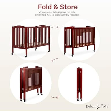 Dream On Me Full-Size 2-in-1 Folding Baby Crib in Cherry GreenGuard Gold & JPMA, Portable, Patented Quick Folding System, Strong Wheels, 2 Adjustable Mattress Heights - Image 6