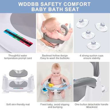 Wddbb Baby Bath seat for Babies 6 Months & up, 360° Stable Toddler Bath Chair with one-Touch Button, Back Hollow Design, Water Temperature Card & 4 Suction Cups for Safety (Gray) - Image 7