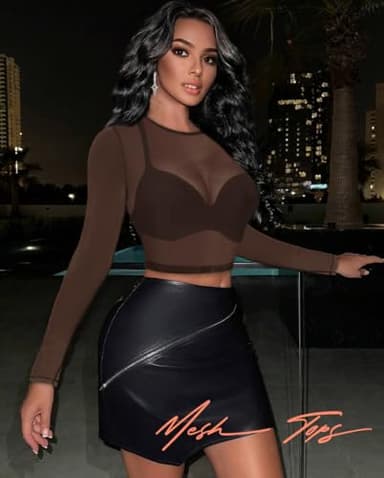 Women's Metallic Tops Long Sleeve See Through Blouse Casual Loose Sheer T Shirts for Party(Brown,L) - Image 6