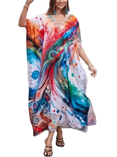 IMAGEKOPE Women's Plus Size Loose Fit Moroccan Print V-Neck Batwing Kaftan Beach Dress Bathing Suit Cover Up - Image 1
