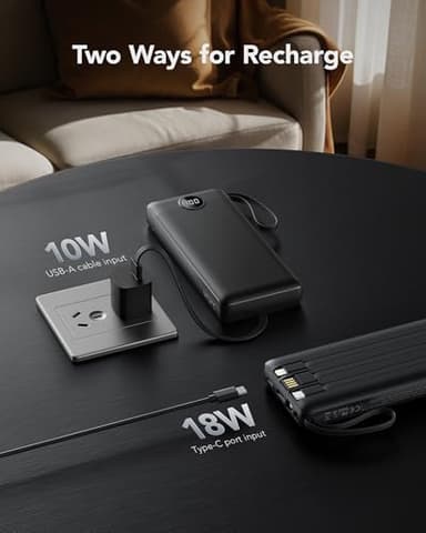 VRURC Portable Charger 20000mAh, Built-in Cable Fast Charging Power Bank, PD QC 3.0 Travel Essentials Battery Pack, 4 Output & 2 Input Phone Charger for iPhone,Samsung, Android-Black - Image 5