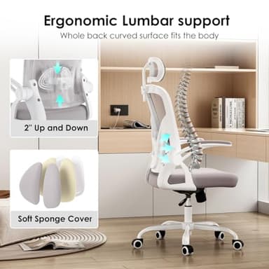 Farini Ergonomic Office Chair, Home Office Desk Chair with Headrest, High Back Computer Chair with Armrests and Adjustable Lumbar Support for Home Office Study Room, White & Gray - Image 3