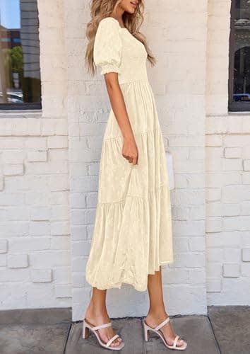 PRETTYGARDEN Women's 2025 Summer Casual Midi Dresses Square Neck Short Sleeve Smocked A Line Floral Flowy Elegant Boho Dress (Beige,X-Large) - Image 4