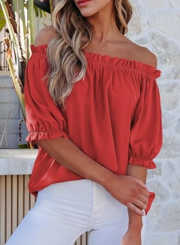 EVALESS Blouses for Women Summer Outfits Women's Clothing Trendy 2025 Basic Short Sleeve Tshirts Round Neck Red Blouses Spring Clothes Peplum Off The Shoulder Casual Tops for Women Work, X-Large - Image 3