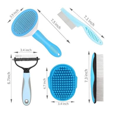 5-in-1 Grooming Kit - Supplies for Short and Long Hair Dogs, Bath Brush, Dematting Rake and Comb (Set of 5, Blue) - Image 2