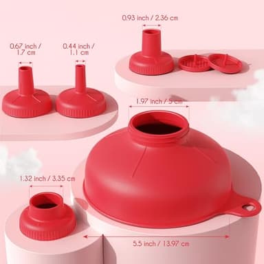 Pisol Wide Mouth Versatile Funnel, Canning Funnels for Kitchen Use, Food Grade Plastic Cooking Funnel Set with 4 Size Spouts and 2 Strainers for Filling Different Bottles and Bags, Red - Image 7