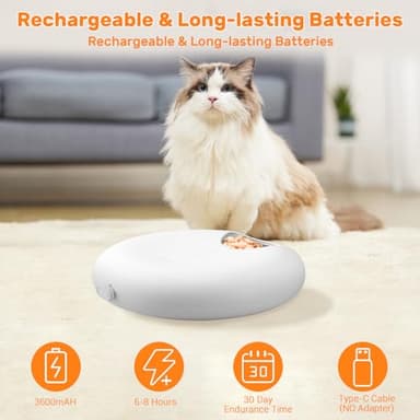 GAMKII Automatic Cat Feeder for Wet Food, 6 Meals Cat Food Dispenser with 2 Ice Packs, Programmable Timer, Rechargeable Cordless Auto Pet Feeder for Cats Small Dogs- Stainless Steel Food Tray, White - Image 2