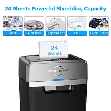 BONSEN Heavy Duty Paper Shredder, 24-Sheet Cross-Cut Shredder, 40-Min Continuous Running Time, Commercial Grade Shredder for Office, 9-Gallon Big Basket, 55dB Super Quiet, P-4 High Security (S3105) - Image 2