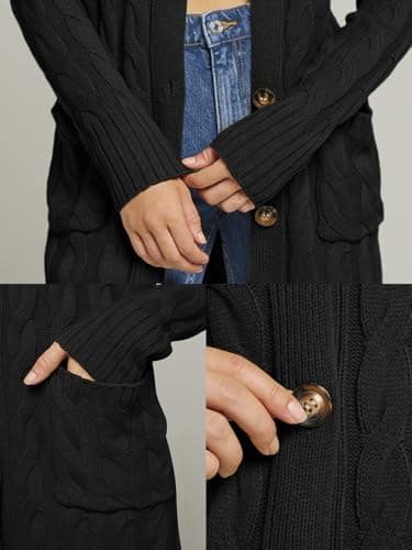 MEROKEETY Women's 2025 Long Sleeve Cardigan Sweater Fall Winter Cable Knit Open Front Button Long Outerwear, Black, L - Image 4