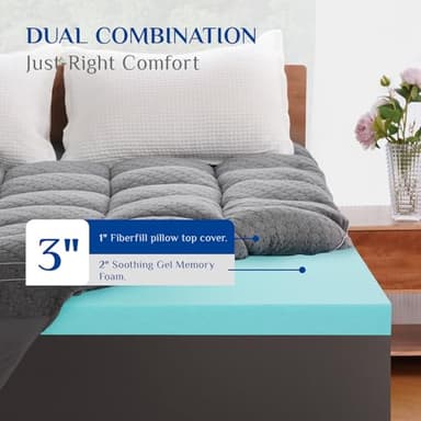 Dual Layer 3 Inch Memory Foam Mattress Topper Queen Size, 2 Inch Cooling Gel Memory Foam Plus 1 Inch PillowTop Mattress Pad Cover, with 8-21 Inch Deep Pocket, Grey - Image 2
