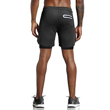 Leidowei Men's 2 in 1 Workout Running Shorts Lightweight Training Yoga Gym 7" Short with Zipper Pockets Black L - Image 3