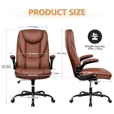 Guessky Big and Tall Office Chair with Flip-Up Arms High Back Desk Leather Office Chair with Lumbar Support, Brown - Image 2