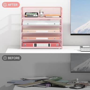 5 Tray Paper Organizer Letter Tray with Handle - Mesh Desk File Organizer, Paper Sorter Organizer for Office, Home or School File Folder Holder - Pink - Image 5