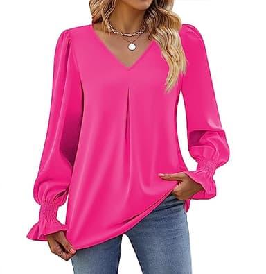 Funlingo Women Tops Dressy Causal Fashion Long Sleeve Chiffon Tunics Spring Loose Fit Work Blouse V Neck Office Shirt Clothing Rose Red XX-Large - Image 3
