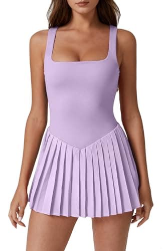 QINSEN Sleeveless Tennis Dress for Women Athletic Dress Built in Shorts Pockets for Exercise Light Purple L - Image 1