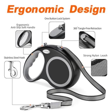 EC.TEAK Retractable Dog Leash 26 FT, Heavy Duty Dog Leash for Dogs up to 110lbs, Strong Nylon Tape No Tangle, One-Handed Brake, Pause, Lock, Perfect for Medium Large Dogs (Black, 26 FT(66-110 LBS)) - Image 2