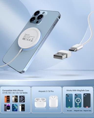 Magnetic Wireless Charger 15w Apple Mag-Safe Charger for iPhone 17 Pro Max/17 Pro/17Air/17/16/15/14/13/12 Series AirPods Series LED Magnet Charging Pad Mag Safe Charger with Dual Charging Ports - Image 3