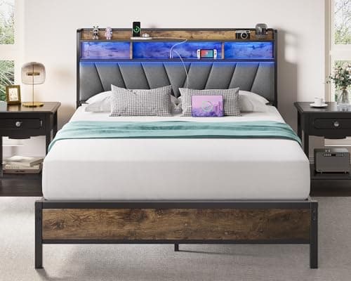 Welzona Queen Bed Frames with Headboard, LED Lights Queen Size Bed Frame with Charging Station, 2-Tier Storage Shelves, Heavy Duty Metal Slats, Noise Free, No Box Spring Needed, Easy Assembly, Brown - Image 1