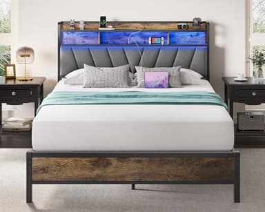 Welzona Queen Bed Frames with Headboard, LED Lights Queen Size Bed Frame with Charging Station, 2-Tier Storage Shelves, Heavy Duty Metal Slats, Noise Free, No Box Spring Needed, Easy Assembly, Brown - Image 1