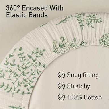 Muslin Bassinet Fitted Sheets, 2 Pack for Baby Boy and Girl, Soft Breathable Stretchy Baby Pad/Mattress Sheet Set, Universal Fit for Hourglass Oval and Rectangle Bassinet Mattress (Natural Leaves) - Image 5
