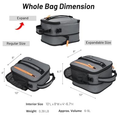 MIER Expandable Lunch Bag Insulated Lunch Box for Men to Work Travel Portable Lunchbox Bags with Shoulder Strap and Water Bottle Holder(Grey/Orange) - Image 3
